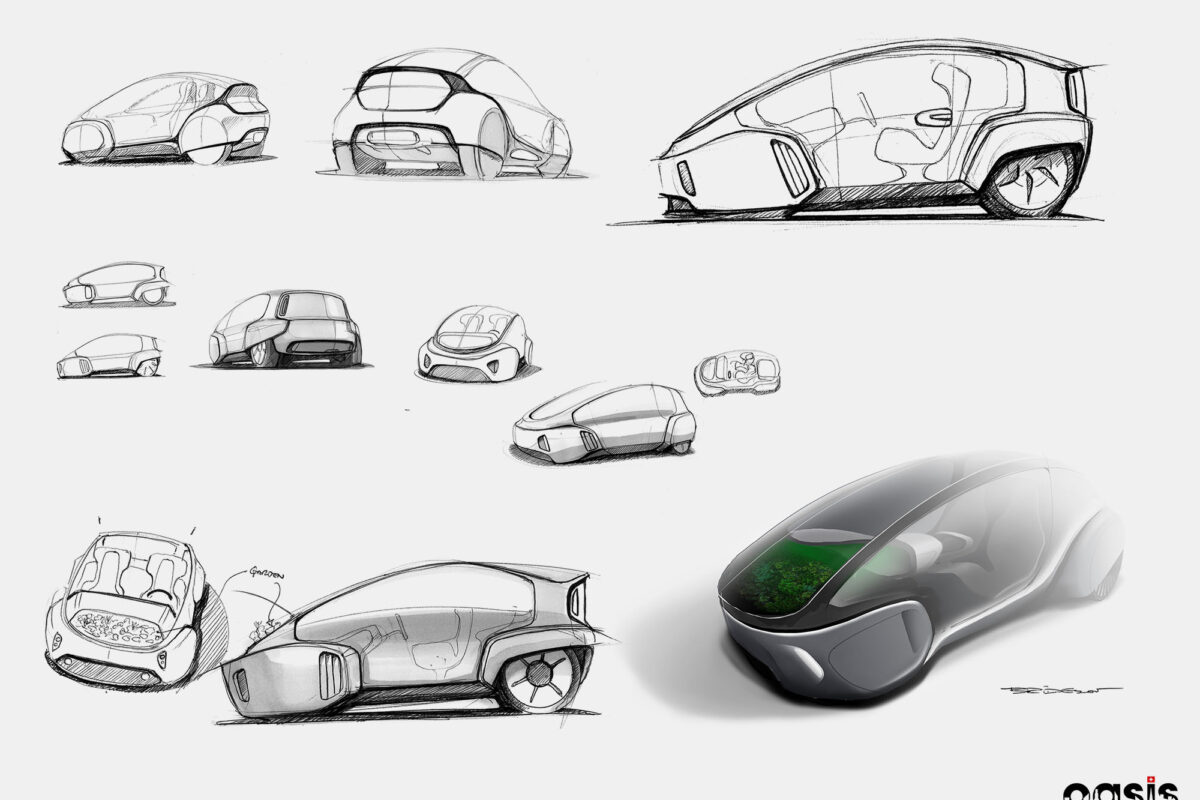 Exterior design sketches exploring proportions which could accommodate the large windscreen